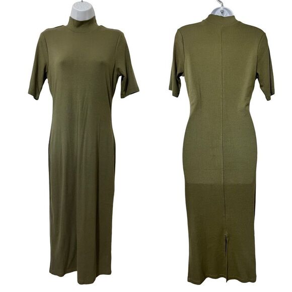 Marine Layer Lexi Ribbed Mock Neck Midi Dress Size L Olive Green Fitted NEW - Picture 1 of 6